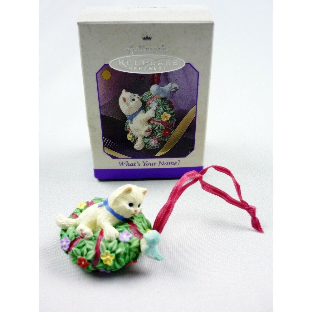 Hallmark 1998 "What's Your Name?" Kitten Wreath and Bluebird Christmas Ornament